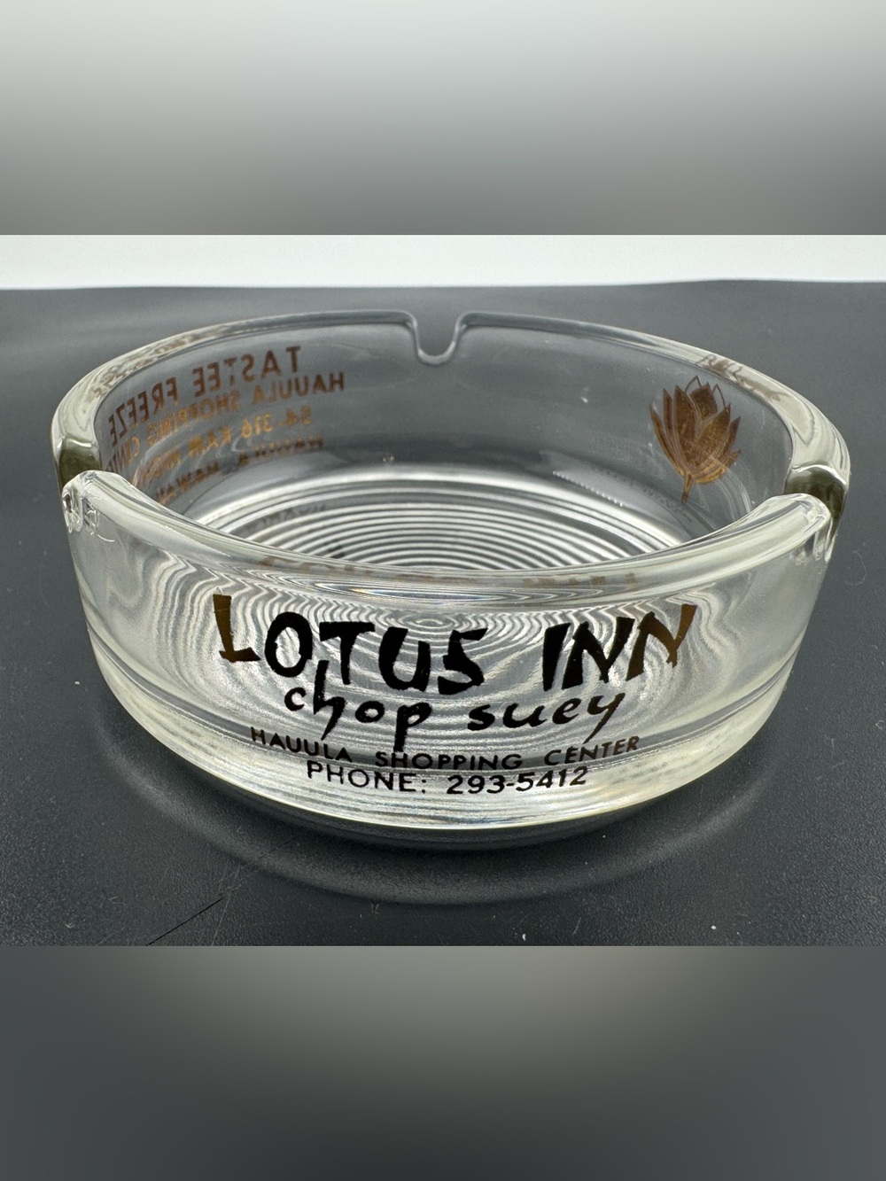 Lotus Inn Chop Suey Hawaii Clear Glass Ashtray with Gold Accents